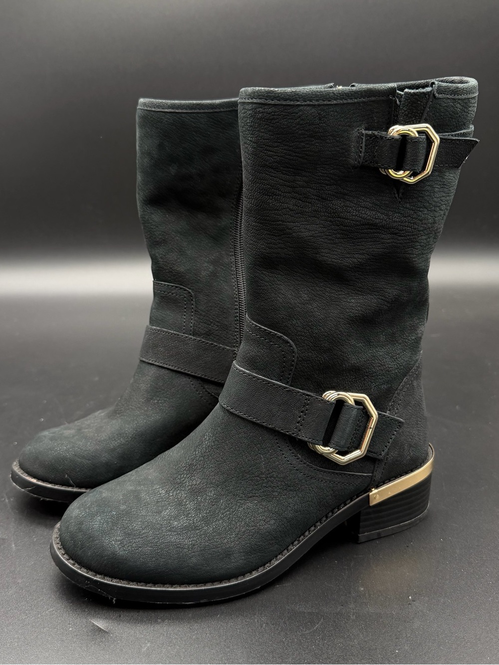 Vince Camuto Black Mid-Calf Buckle Block-Heel Boots